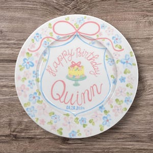 Personalized Birthday Plate for Baby Girl – Floral Ceramic Plate with Yellow Cake, Pink Bow and Name – Hand Painted Keepsake Gift | P024