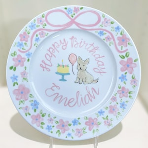 Personalized Puppy Birthday Plate for Girl - Hand Painted Name Plate with Pink Floral Design - Custom Gift for Baby Toddler Party | P026