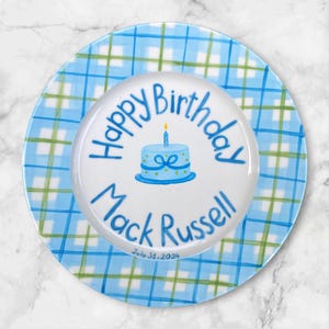 Custom Birthday Plate for Boys with Cake Design Gift – Personalized Name & Date for Baby Boy – Hand Painted Keepsake Birthday Gift | P068
