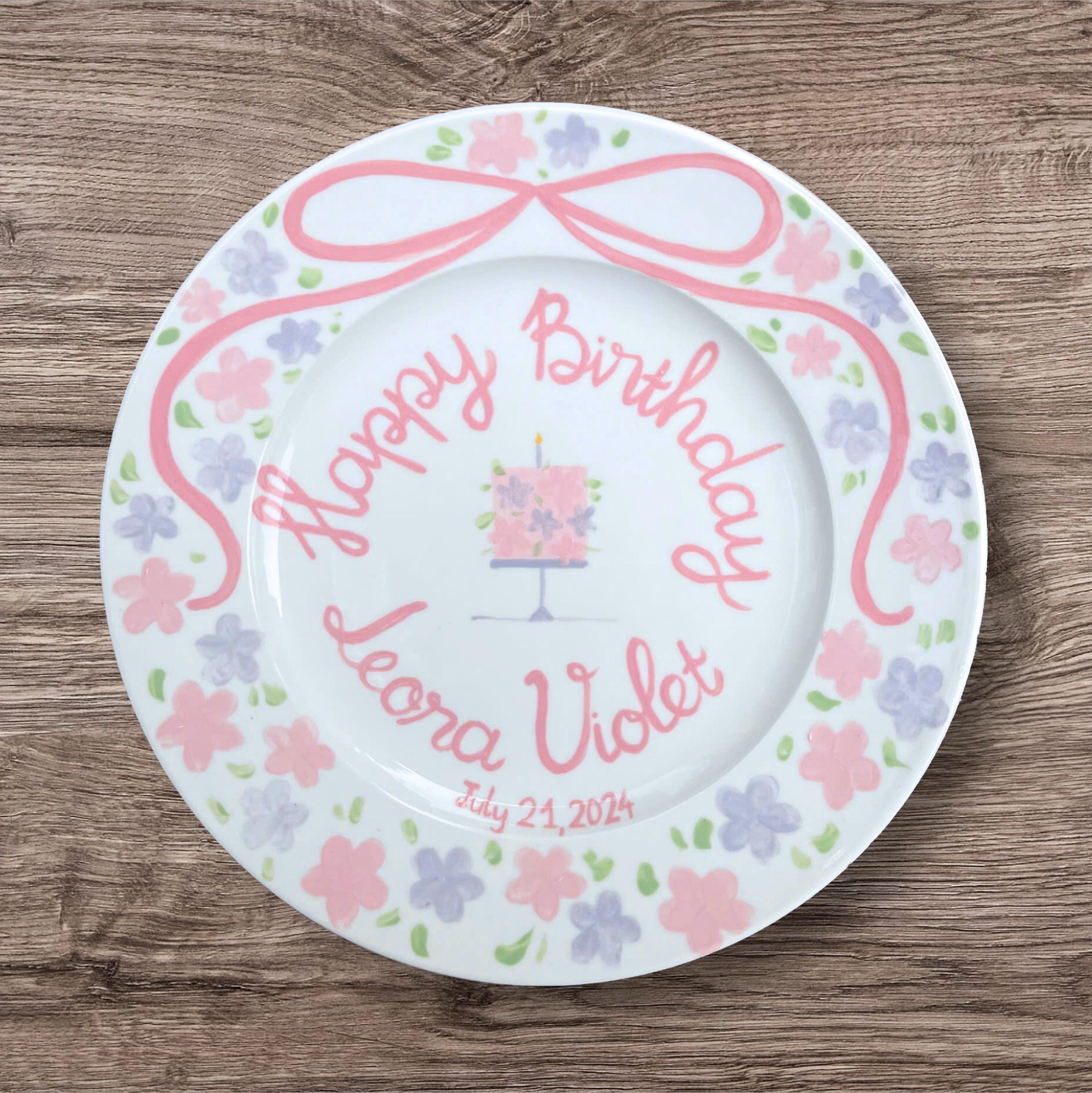 Personalized Girl Birthday Plate – Floral Ceramic Plate with Cake and Name – Custom Hand Painted Keepsake Gift for Toddler Birthday | P020