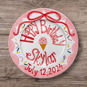 Personalized Birthday Plate for Girls – Custom Ceramic Plate with Name & Date, Ice Cream, Sprinkles, Bow – Hand Painted Birthday Gift | P006