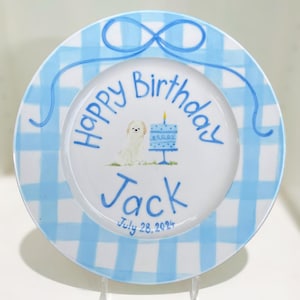 Personalized Birthday Plate for Boys – Custom Name & Date with Blue Gingham, Cake and Pet – Hand Painted Plate Keepsake 1st Birthday | P002
