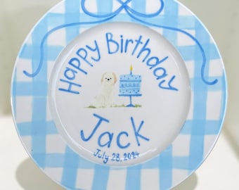 Personalized Birthday Plate for Boys – Custom Name & Date with Blue Gingham, Cake and Pet – Hand Painted Plate Keepsake 1st Birthday | P002