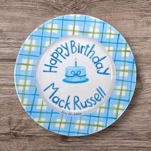 Personalized Birthday Plate for Boys – Hand Painted Ceramic with Blue Gingham, Green Plaid –  Custom Name & Date Keepsake 1st Birthday| P068