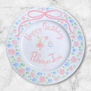 Custom Girl’s Birthday Plate with Cute Bunny, Floral Border and Bow–Handcrafted Ceramic Gift with Name & Date–Adorable Keepsake Plate |P043