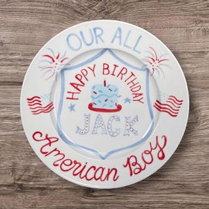 Custom Birthday Plate for Boys – USA-Themed Hand Painted Ceramic Gift with Flags, Cake, Fireworks – Personalized Name & Date Keepsake | P005