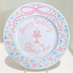 Happy Birthday Plate Personalized – Hand Painted Pink Pastel Floral Ceramic Plate – Custom Name & Date Keepsake Gift for Baby Girl | P072