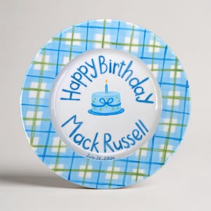 Hand Painted Birthday Plate for Boys with Blue and Green Check Pattern – Custom Name & Date – Personalized Keepsake Gift for Baby Boy | P068