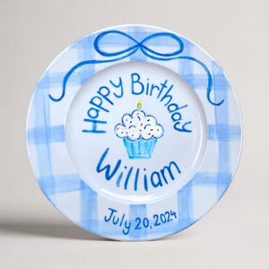 Personalized Boy Birthday Plate – Blue Gingham Cupcake Design with Ribbon – Hand Painted Ceramic Gift Keepsake for Baby or Toddler| P030