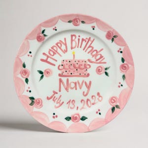 Pink Floral Birthday Plate for Girls – Hand Painted Ceramic Gift with Cake and Roses – Personalized Keepsake for Baby Girl or Toddler | P032