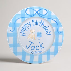 Custom Boy Birthday Plate with Dog and Cake – Blue Hand Painted Ceramic Keepsake Gift for Boys – Personalized Name and Date Included | P064
