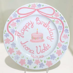 Happy Birthday Plate Personalized for Girls – Hand Painted Pink Floral Ceramic Keepsake – Custom Name & Date Gift for Girls Birthday | P070