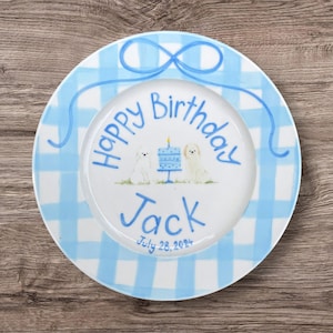 Birthday Plate for Boys – Personalized with Name & Date – Adorable Blue Gingham Design Featuring Puppy and Cake –Keepsake Gift for Kids|P040