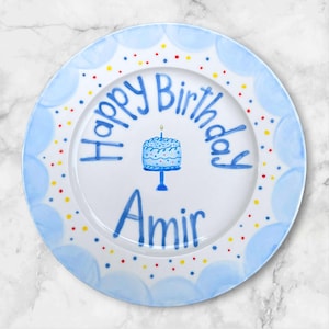 Custom Boy Birthday Plate with Name in Blue – Hand Painted Personalized Keepsake Dish for Baby or Toddler First Birthday Gift | P049