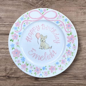 Adorable Birthday Plate with Puppy & Floral Border – Personalized Ceramic Gift for Baby Girl or Toddler – Hand Painted with Love | P027