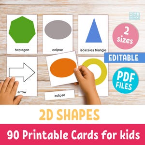 2D GEOMETRISCHE FORMEN druckbare Karteikarten für Vorschulkinder, 3-teilige Montessori bearbeitbare Textkarten, Vokabelbildungskarten