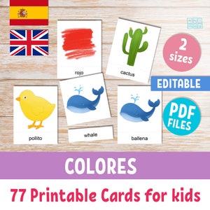 SPANISH & ENGLISH vocabulary flashcards with words about COLORS, printable and editable-text 3-part Montessori cards for preschool kids