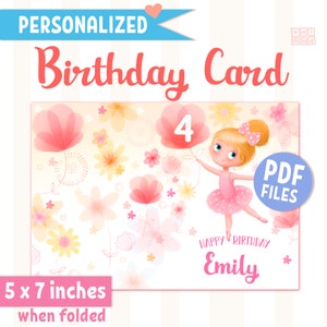 BALLERINA PERSONALISED Printable Birthday card for girls, ballet positions, custom name & age foldable card, Ballet party greeting card