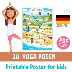 Póster imprimible de POSTURAS DE YOGA para niños en alemán, cuadro colorido de yoga para pared, aula de estudio de yoga y educación en casa, vocabulario de práctica de yoga