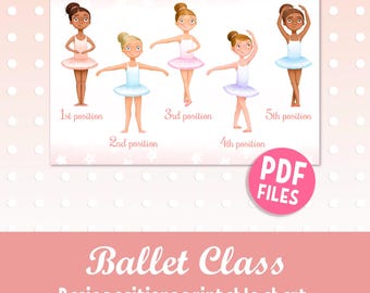 BALLET Grundpositionen der Füße druckbares Poster für Mädchen, diverse Ballerinas in Tutus, Tanz Klassenzimmer Dekoration, Ballett Grundposen