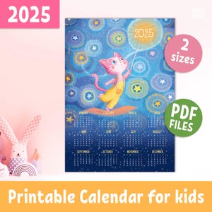 2025 DRUCKBARE KALENDER für Kinder, Rosa Katze im Sternenhimmel, blauer Jahreskalender, Kinderzimmer Dekor, sofort Download