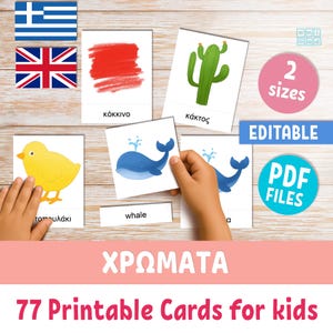 Greek and English Colors Flashcards: Montessori 3-Part Vocabulary Cards (PDF Download, Editable Text Labels)