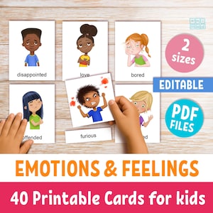 Emotions Flashcards for Kids, Printable Feeling Cards with Hand-Drawn Expressions, Montessori 3-Part cards, SEL resources for teachers, PDF