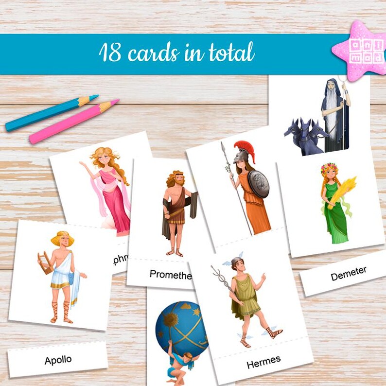 Greek & Roman Mythology Gods Flashcards for Kids, Montessori Cards ...