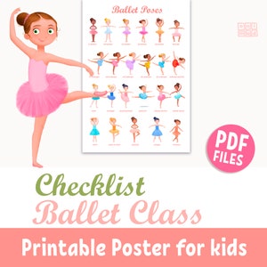 CHECKLIST BALLET posa cartel imprimible para niñas, práctica de posiciones de pequeñas bailarinas, decoración del aula del estudio de baile, arte de la pared de la habitación de las niñas