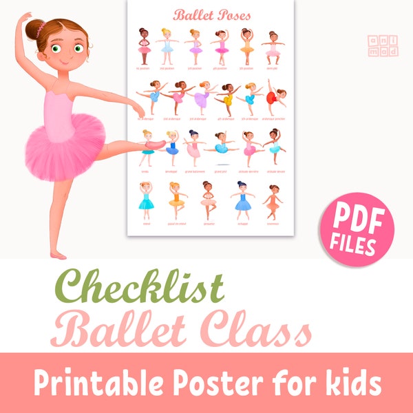 CHECKLIST BALLET poses printable poster for girls, little ballerinas positions practice, dance studio classroom decor, girl room wall art