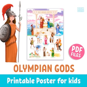 Póster imprimible de dioses griegos y romanos antiguos para niños, mitología griega, decoración educativa para el aula y la educación en el hogar, dioses olímpicos, Panteón