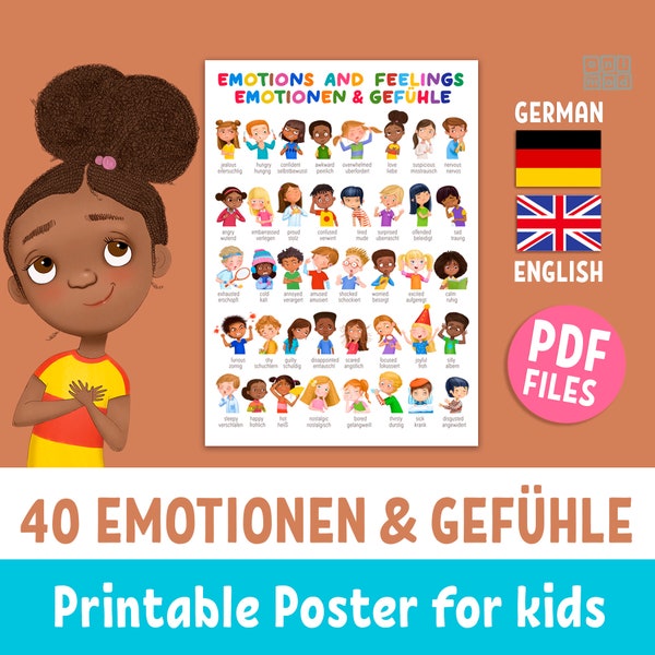 Bilingual GERMAN and ENGLISH, Emotions & feelings, printable poster for preschool kids, kids face expressions, classroom and homeschool