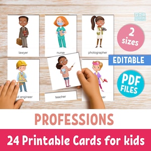PROFESSIONS afdrukbare flashcards voor kleuters, woordenschat van 24 beroepen en gemeenschapshelpers 3-delige bewerkbare tekstkaarten voor thuisonderwijs