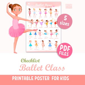 Checklist Ballet Positions Poster for girls, Homeschool & Dance Studio Decor, Ballerina poses in tutus (PDF)