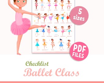 Ballett Posen Checklist Poster für Mädchen: Tanz Studio Dekor, Ballerina Positionen im Tutus (PDF)
