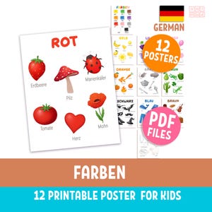 Pósteres imprimibles de colores en alemán (12 unidades): Tabla de vocabulario educativo para niños (PDF)