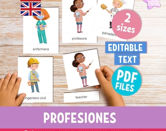 24 PROFESSIONS printable flashcards for preschool kids in Spanish & English, Montessori vocabulary activity, PDF