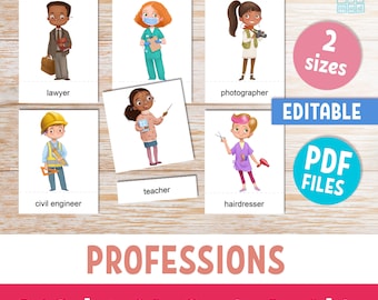 PROFESSIONS printable flashcards for preschool kids, 24 Occupations & Community Helpers vocabulary 3-part editable cards for homeschool