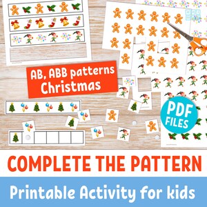 KERSTMIS-patroonstroken voor kleuters, afdrukbare activiteit kerstkaarten, AB- en ABB-patronen, educatieve kaarten voor thuisonderwijs