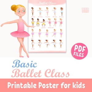 Póster imprimible de POSES DE BALLET para niñas en edad preescolar, posiciones básicas de bailarina para clase de ballet, decoración para el aula, regalo de arte mural, descarga instantánea