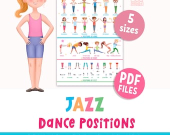 JAZZ DANCE Positionen druckbares Poster für Kinder, Jazz Tanz Posen, lehrreiche Klassenzimmer Dekoration für Tanzstudio, PDF