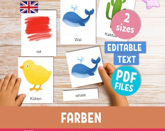 German & English Colors Flashcards for kids: Montessori Vocabulary 3-part Cards (PDF, editable text)