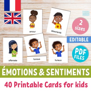 Tarjetas didácticas imprimibles de EMOCIONES Y SENTIMIENTOS para niños en inglés y francés, tarjetas de 3 partes con texto editable Montessori, actividad de educación en el hogar