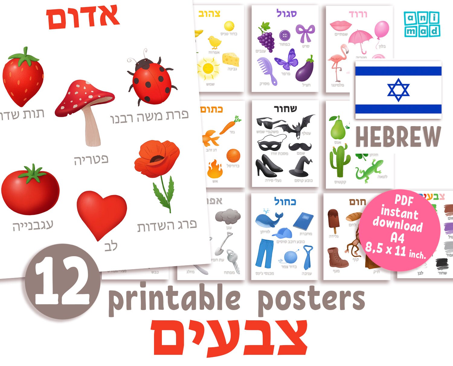 HEBREW for Kids, COLORS Printable POSTERS, Set of 12 Posters, Classroom ...
