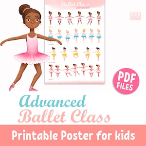 Poster stampabile avanzato per lezioni di danza classica per ragazze, pose di danza classica, decorazioni didattiche per aule di studio di danza, diverse ballerine in tutù