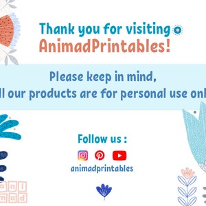 A-thank you for visiting AnimadPrintables- text on a white background with light blue and brown geometric flowers. Social media logos and text that write - personal use only-