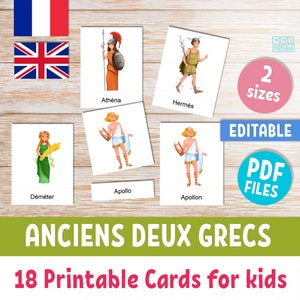Cartes mémoire de la mythologie grecque pour enfants, dieux grecs et romains antiques, cartes de texte modifiables en 3 parties en français et en anglais, école à la maison Montessori