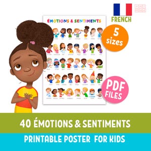EMOTIONS & FEELINGS printable poster for kids in French, kid's face expressions chart, PDF