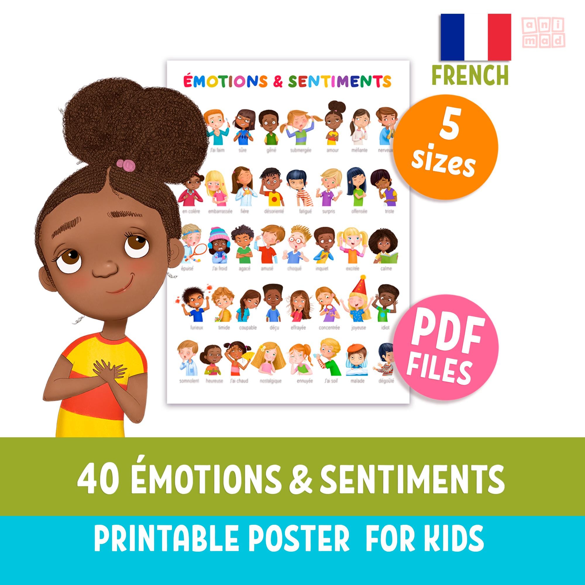 EMOTIONS & FEELINGS Printable Poster for Kids in French, Kid's Face ...