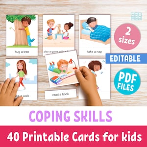 COPING SKILLS FLASHCARDS for kids, printable & editable text 3-part cards, emotions coping strategies, Montessori educational resources